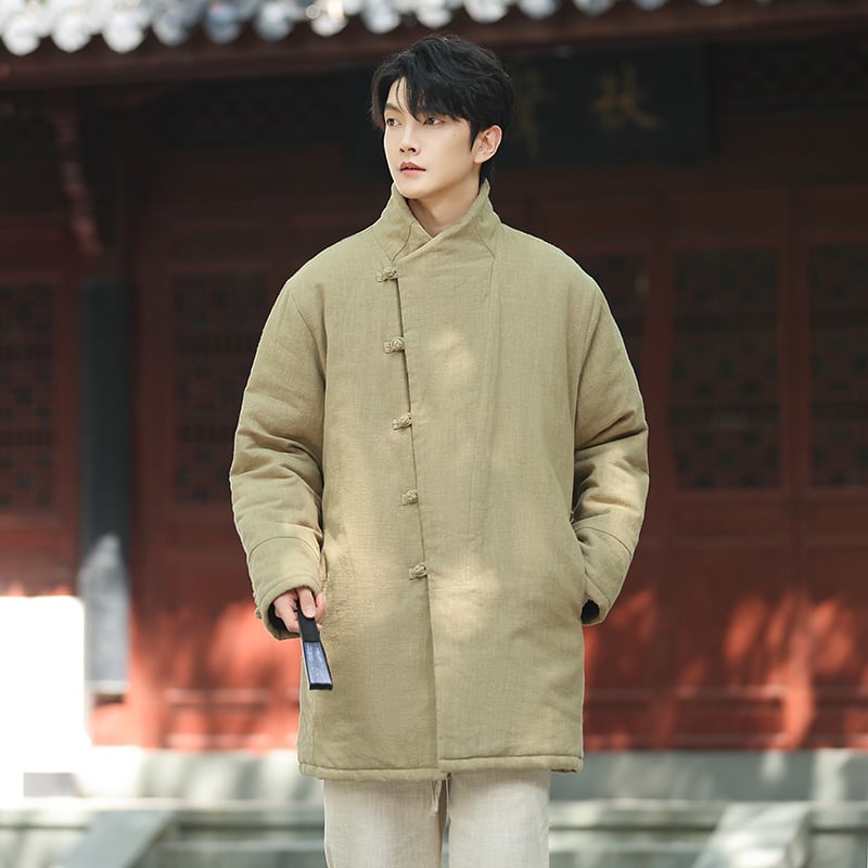 Muški kardigan u kineskom stilu s pamukovim punjenjem, stojeći ovratnik, jednodijelno kopčanje, srednja duljina