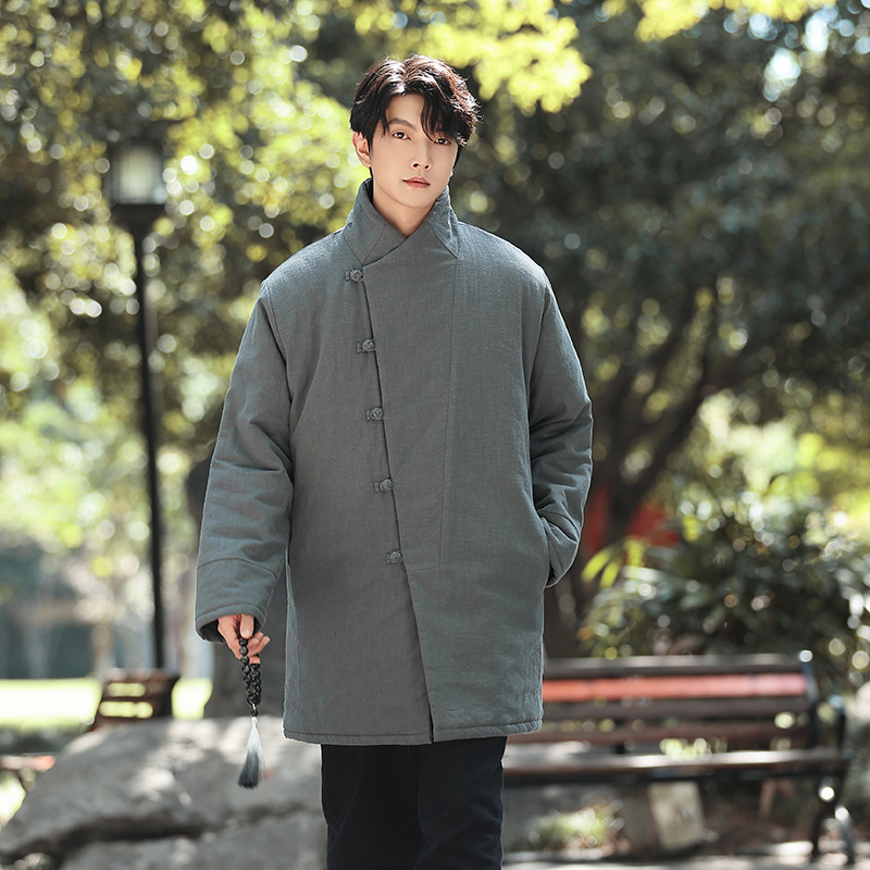 Muški kardigan u kineskom stilu s pamukovim punjenjem, stojeći ovratnik, jednodijelno kopčanje, srednja duljina