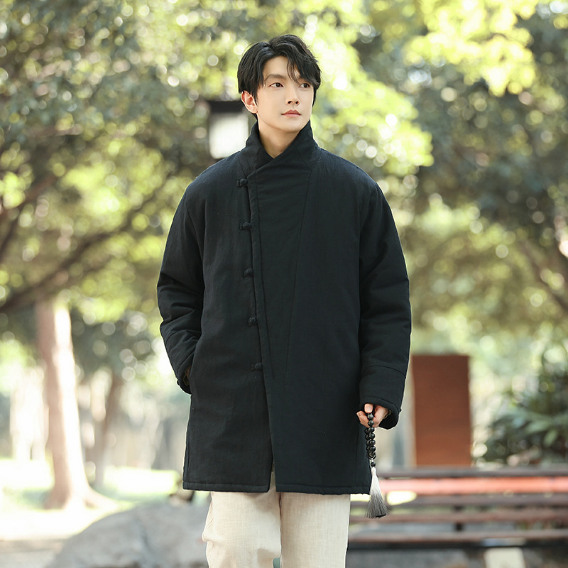 Muški kardigan u kineskom stilu s pamukovim punjenjem, stojeći ovratnik, jednodijelno kopčanje, srednja duljina