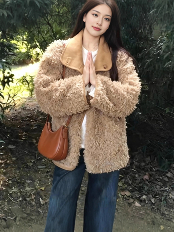 Ženska reverzibilna jakna od poliestera s umjetnim krznom, jesen 2025, dugi rukav, bez ovratnika