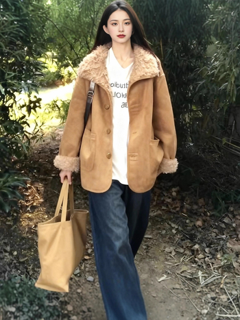 Ženska reverzibilna jakna od poliestera s umjetnim krznom, jesen 2025, dugi rukav, bez ovratnika