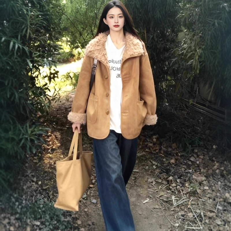 Ženska reverzibilna jakna od poliestera s umjetnim krznom, jesen 2025, dugi rukav, bez ovratnika