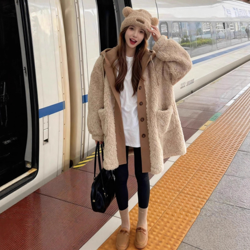 Ženska reverzibilna jakna od poliestera s umjetnim krznom, jesen 2025, dugi rukav, bez ovratnika