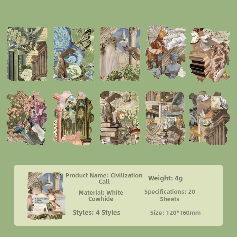 Dienasgrāmatas materiālu komplekts ar vēsturiski iedvesotu pamata papīru un dekoratīvām etiķetēm; Materiāls: Papīrs; Tehnika: Drukāšana; Svars: 45 g uz maisiņu.