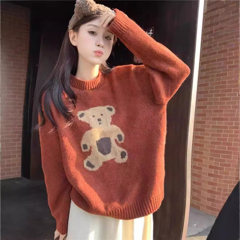 Pulover s medvjeđim uzorkom, od vunene smjese, ležerni korejski stil, okrugli izrez, dugi rukavi.