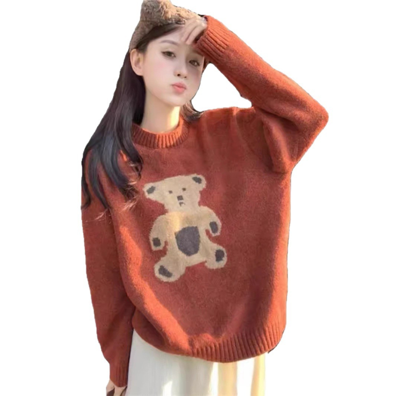 Pulover s medvjeđim uzorkom, od vunene smjese, ležerni korejski stil, okrugli izrez, dugi rukavi.