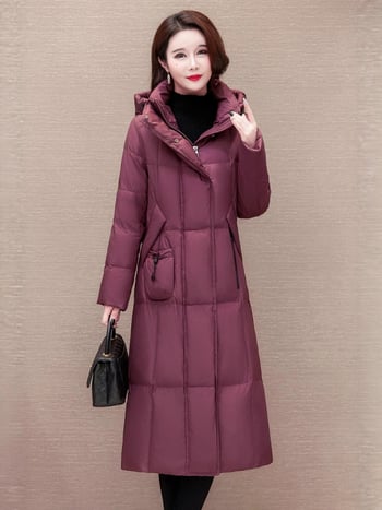 Dlhý kabát s bavlno-púšikovou výplňou, kapucňa, zips, hrubá zimná izolácia, elegantný mestský štýl