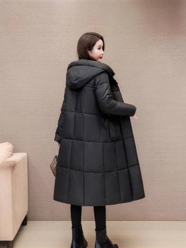 Dlhý kabát s bavlno-púšikovou výplňou, kapucňa, zips, hrubá zimná izolácia, elegantný mestský štýl