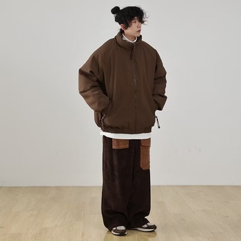 Voľno-pohodlná bavlnená prešívaná bunda z corduroy, stojatý golier, zips, hrubé teplenie