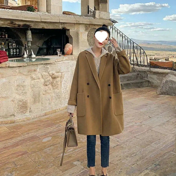 Γυναικείο παλτό μαλλί διπλής όψεως, με γιακά τύπου σακάκι, κουκούλα, μεσαίο μήκος, άνετη γραμμή, κορεατικό στυλ