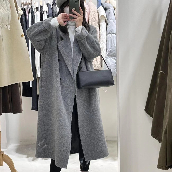 Ženski dvostrani chenille kaput s krznom ovratnikom – srednja duljina, vitkog kroja, korejski-japanski stil