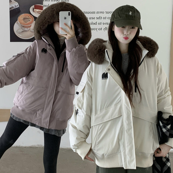 Parka s kapuljom za plus veličinu, slobodan kroj, ovratnik od zajčjeg krzna, jednofarbna, zima 2025