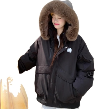 Parka s kapuljom za plus veličinu, slobodan kroj, ovratnik od zajčjeg krzna, jednofarbna, zima 2025