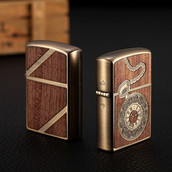 Chief vėjo atsparus kerosino degiklis su kišeniniu laikrodžiu medžio rašto danga — metalinis, vintage stilius, dovanų rinkinys