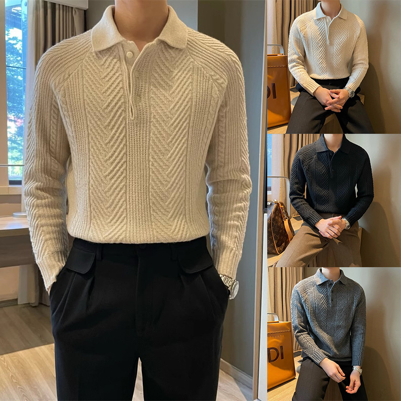 Muški džemper s ovratnikom tipa lapel, udoban kroj, dugi rukavi, detalj zavijenog cvijeta, 100% poliester