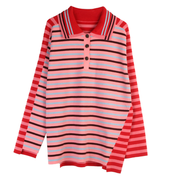 Korejski stil, opušteni prugasti pleteni džemper s polo ovratnikom
