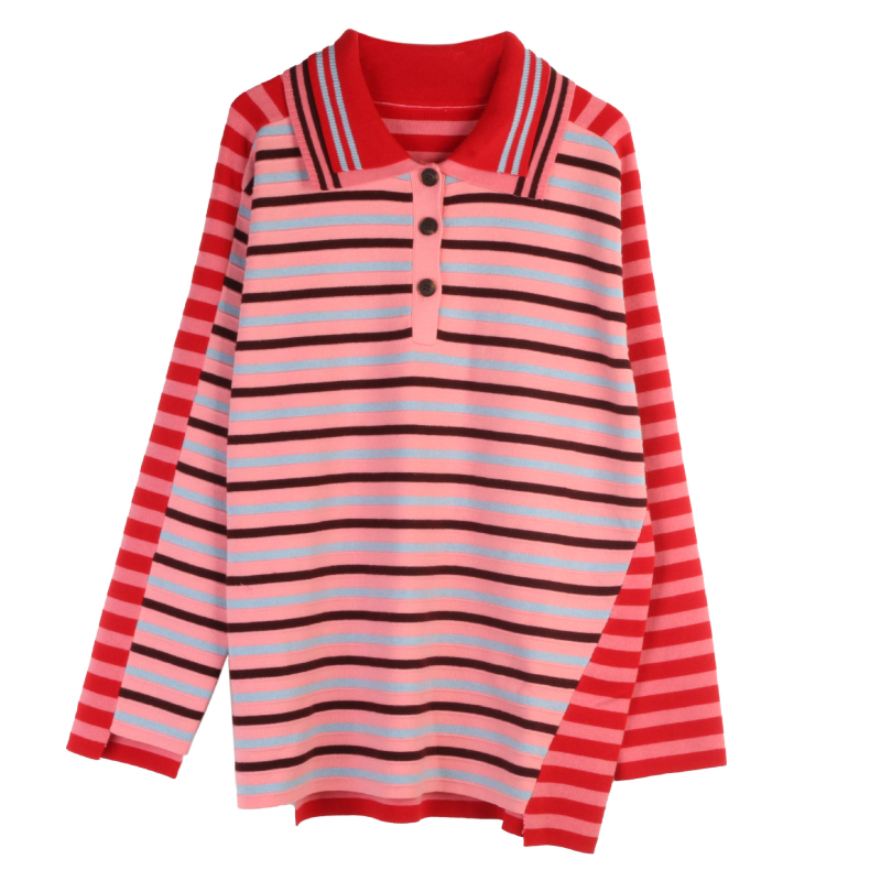 Korejski stil, opušteni prugasti pleteni džemper s polo ovratnikom