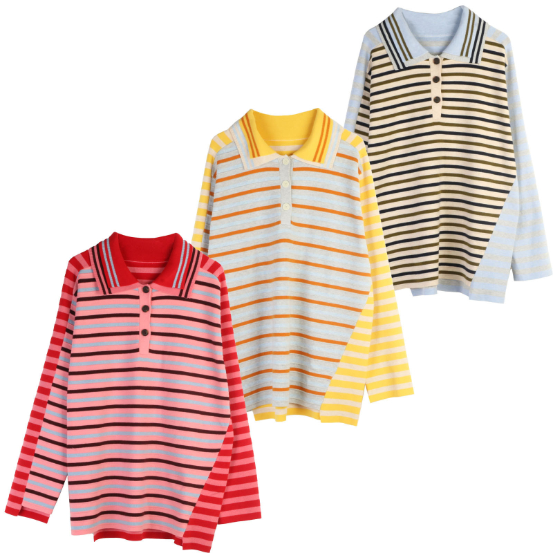 Korejski stil, opušteni prugasti pleteni džemper s polo ovratnikom