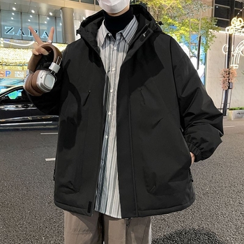 Kapucňová bunda z cordury, výplň z imitácie hodvábno-pamäťovej zmesi, podšívka ľan, zapínanie na gombík na jeden rad, japonský štýl