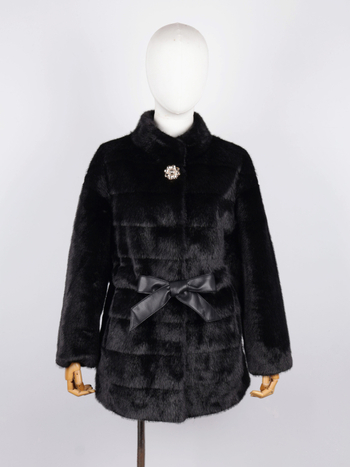 Дамско палто от изкуствена норка, средна дължина, V-образна яка, дълги ръкави, изкуствен косъм