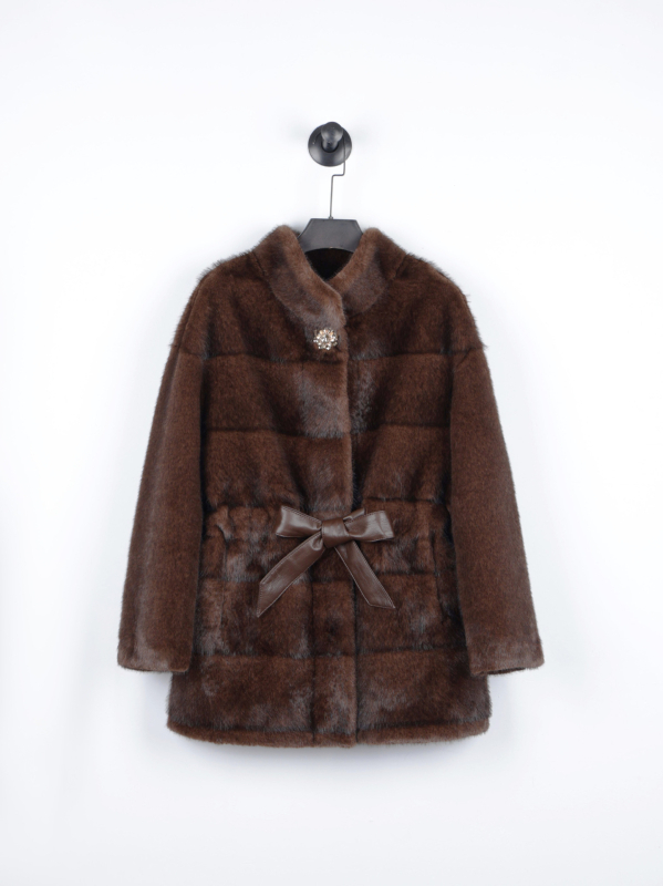 Дамско палто от изкуствена норка, средна дължина, V-образна яка, дълги ръкави, изкуствен косъм