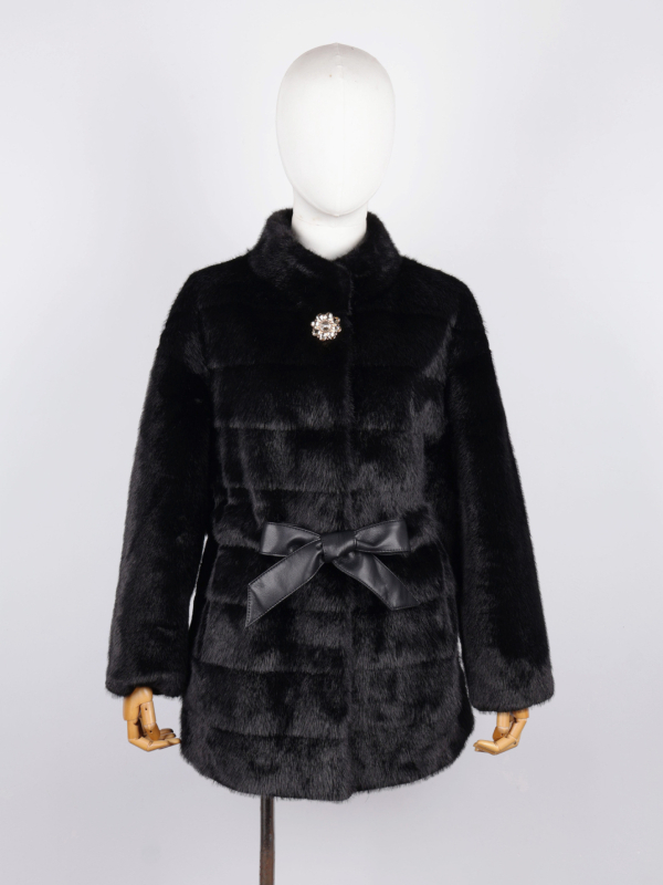 Дамско палто от изкуствена норка, средна дължина, V-образна яка, дълги ръкави, изкуствен косъм