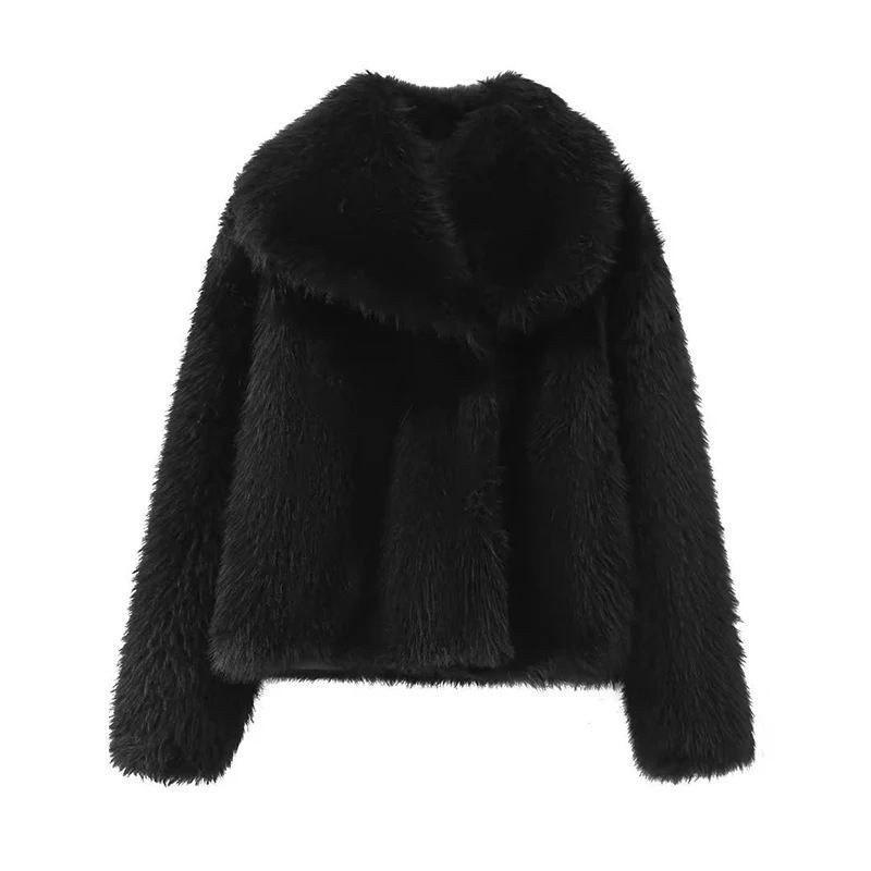 Kaput od umjetne krzna s Chenille tkaninom, ovratnik od imitiranog krzna, produžena duljina iznad 100 cm, polo ovratnik, za žene
