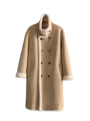 Ženski krzneni kaput, dugačak kroj, dvostruki red kopči, stojeći ovratnik, 95% vuna, Granular Fleece, retro stil, zima 2025