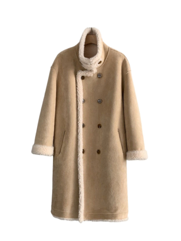 Ženski krzneni kaput, dugačak kroj, dvostruki red kopči, stojeći ovratnik, 95% vuna, Granular Fleece, retro stil, zima 2025