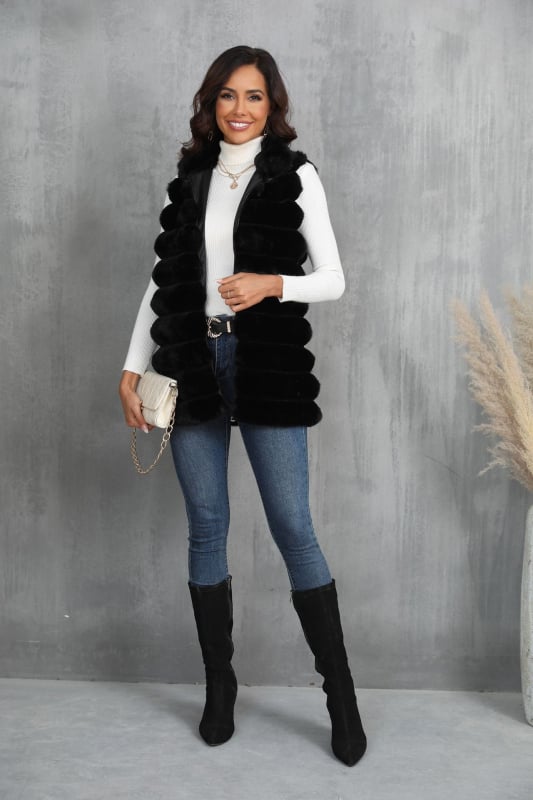 Ženski prsluk od umjetne krznene, srednje duljine 65–80 cm, bez ovratnika, bez rukava, elegantan stil