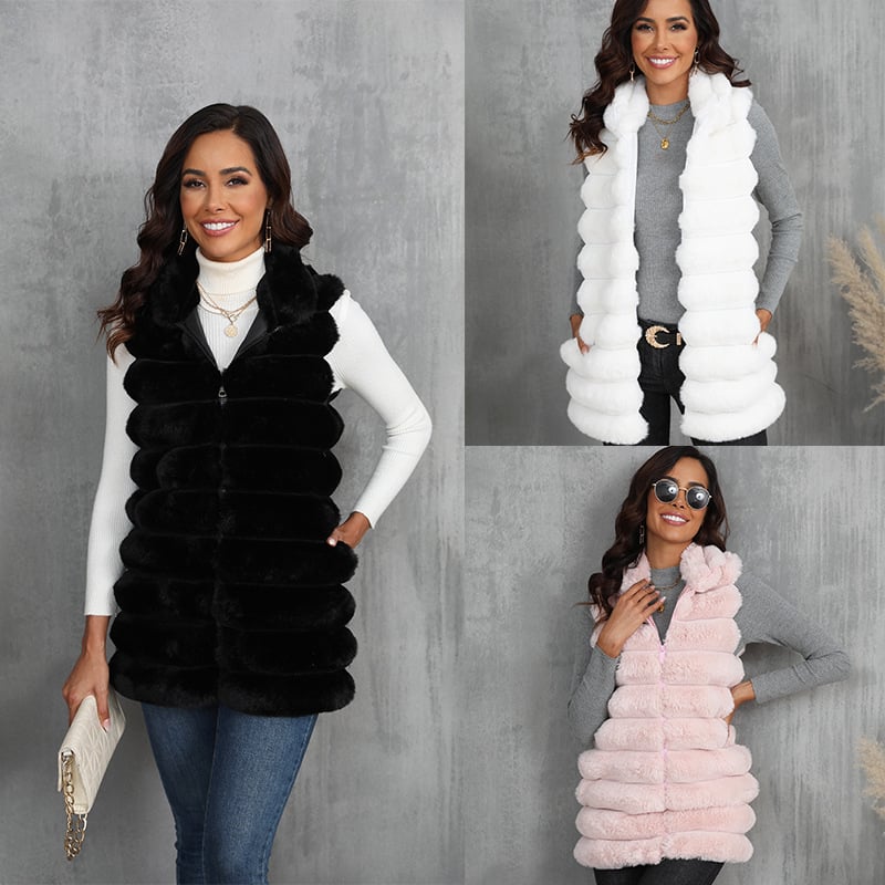 Ženski prsluk od umjetne krznene, srednje duljine 65–80 cm, bez ovratnika, bez rukava, elegantan stil