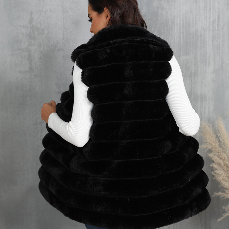 Ženski prsluk od umjetne krznene, srednje duljine 65–80 cm, bez ovratnika, bez rukava, elegantan stil