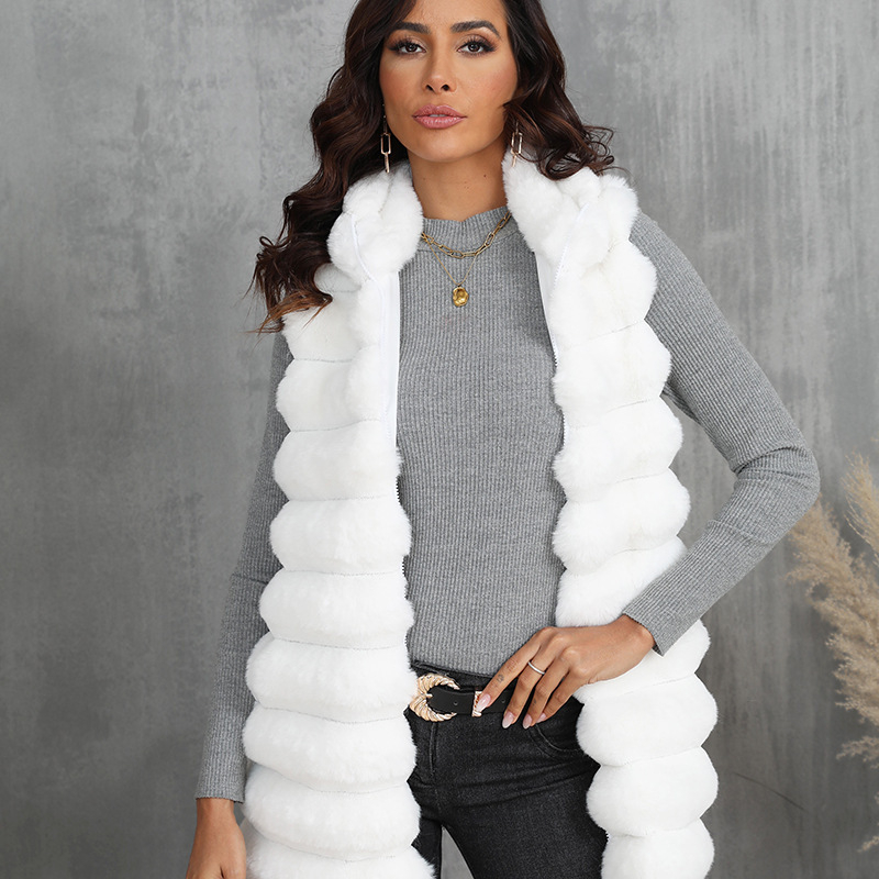 Ženski prsluk od umjetne krznene, srednje duljine 65–80 cm, bez ovratnika, bez rukava, elegantan stil