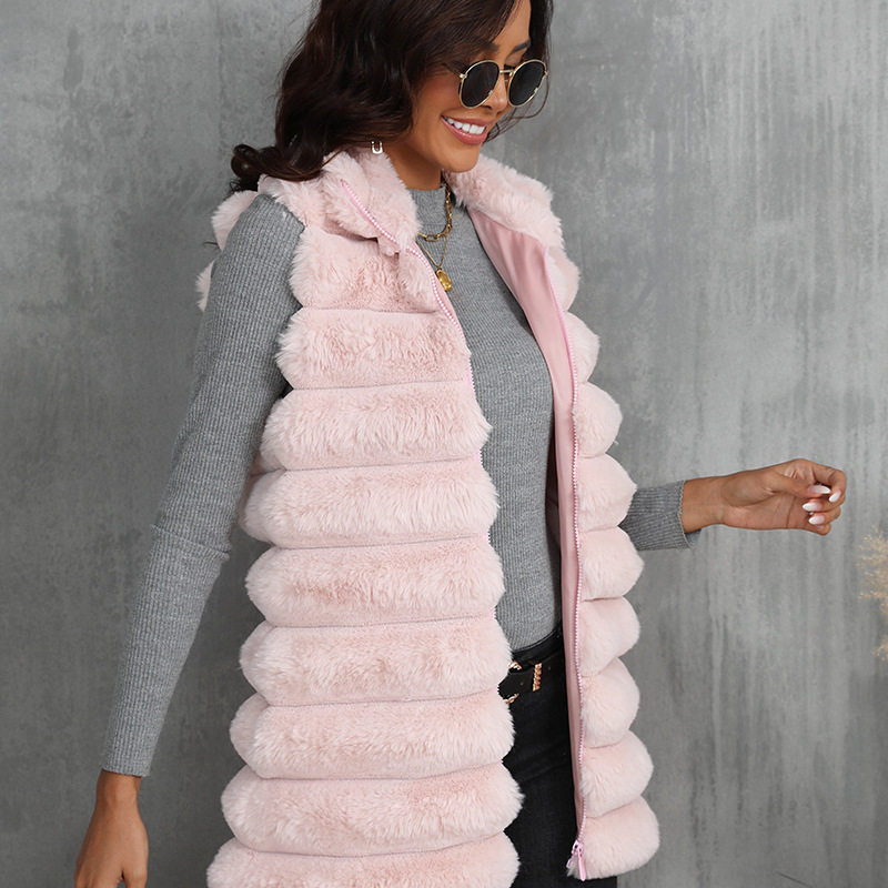 Ženski prsluk od umjetne krznene, srednje duljine 65–80 cm, bez ovratnika, bez rukava, elegantan stil