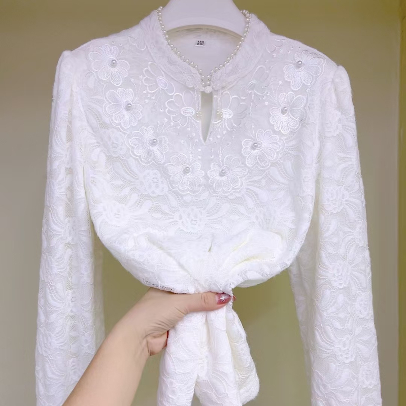 Худи пуловер от найлон с флисово подплатяване, перлена яка и панделка, дълги ръкави, елегантен градски стил