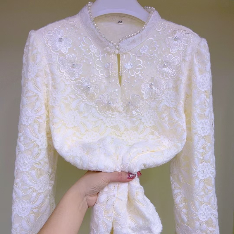 Худи пуловер от найлон с флисово подплатяване, перлена яка и панделка, дълги ръкави, елегантен градски стил