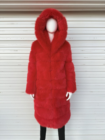 Παλτό με κουκούλα από τεχνητή γούνα – γυναικείο μακρύ παλτό, μακριά μανίκια