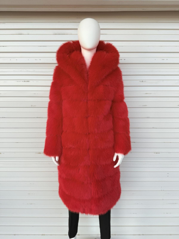 Παλτό με κουκούλα από τεχνητή γούνα – γυναικείο μακρύ παλτό, μακριά μανίκια