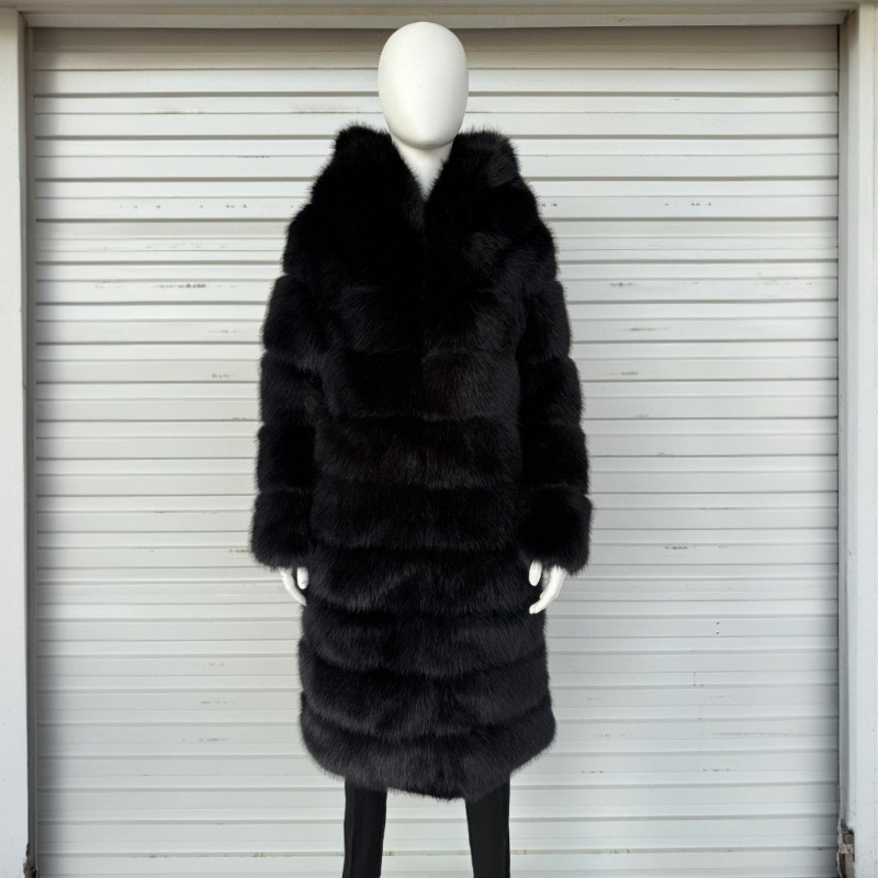 Παλτό με κουκούλα από τεχνητή γούνα – γυναικείο μακρύ παλτό, μακριά μανίκια