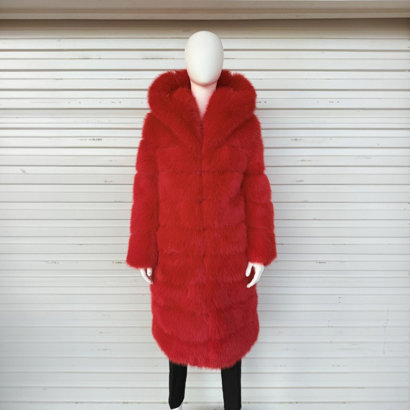 Παλτό με κουκούλα από τεχνητή γούνα – γυναικείο μακρύ παλτό, μακριά μανίκια