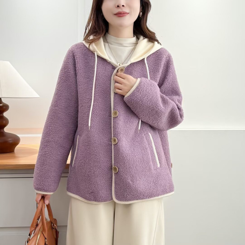 Dámska kabát s kapucňou, s kožušinku integrovanú velúrom a kolážovým dizajnom, 50–70% polyester, hrubá látka, japonsko-kórejský voľnočasový štýl, stredná dĺžka, model Y2583