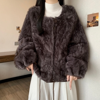 Plus dydžio dirbtinės kailio kardiganas, ruduo 2025, poliesterio mišinys, apvalus kaklas, ilgomis rankovėmis, 30-50% poliesterio kiekis