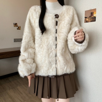 Plus dydžio dirbtinės kailio kardiganas, ruduo 2025, poliesterio mišinys, apvalus kaklas, ilgomis rankovėmis, 30-50% poliesterio kiekis