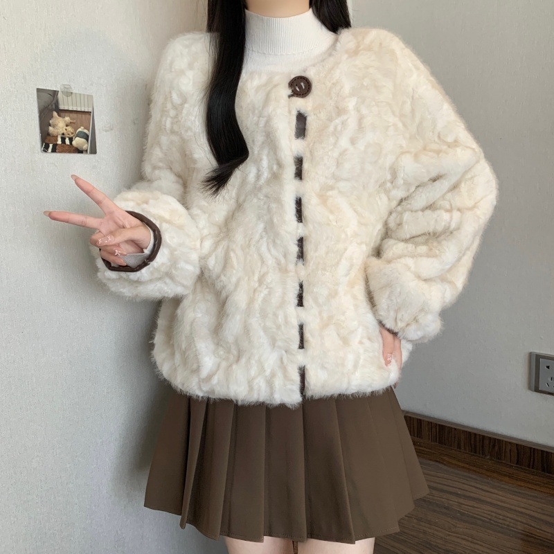 Plus dydžio dirbtinės kailio kardiganas, ruduo 2025, poliesterio mišinys, apvalus kaklas, ilgomis rankovėmis, 30-50% poliesterio kiekis