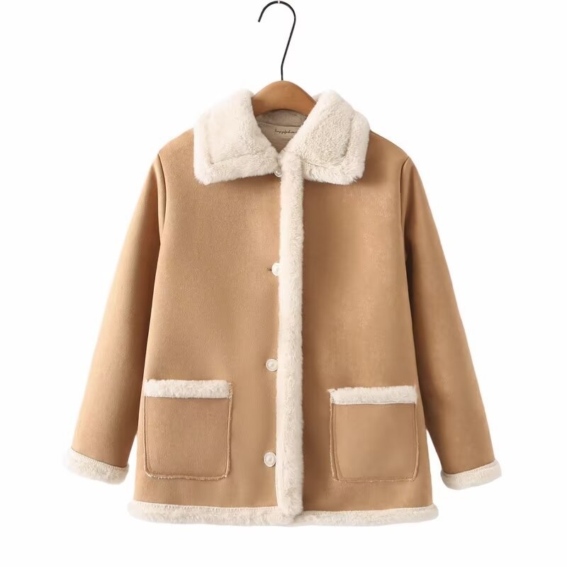 Moteriški kailiniai švarkas su lapelės apykakle - poliesteris, ilgos rankovės, laisvas kirpimas, ilgis 50–65 cm, vidutinio storio