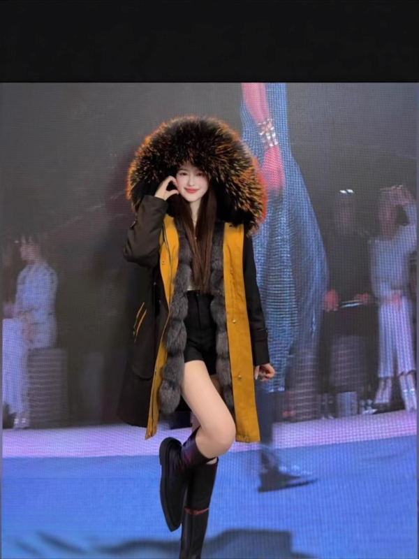 Women's Fur Parka with Detachable Fox Fur Lining and Large Raccoon Fur Collar