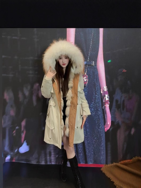 Women's Fur Parka with Detachable Fox Fur Lining and Large Raccoon Fur Collar