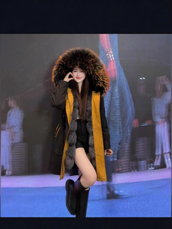 Women's Fur Parka with Detachable Fox Fur Lining and Large Raccoon Fur Collar
