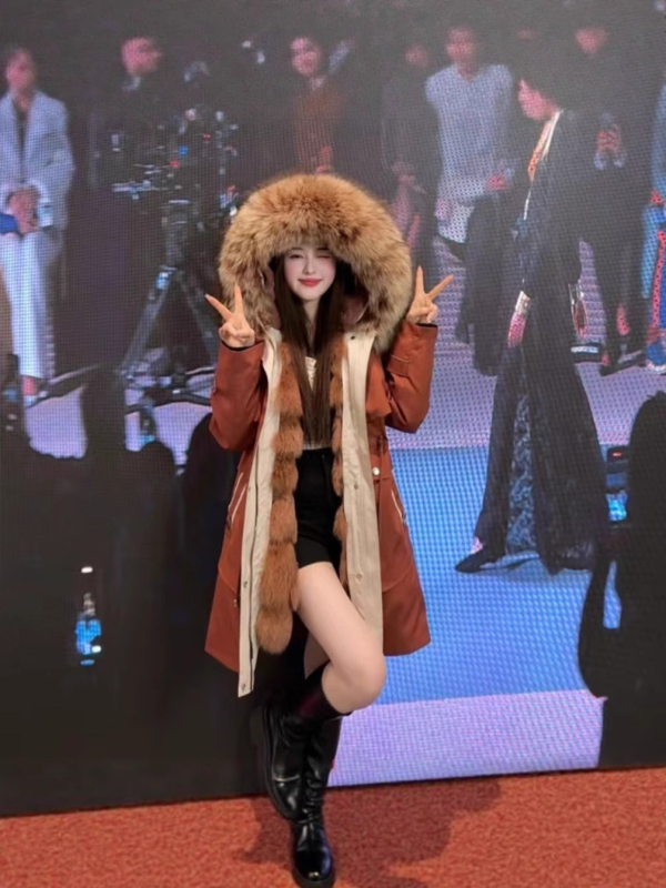 Women's Fur Parka with Detachable Fox Fur Lining and Large Raccoon Fur Collar