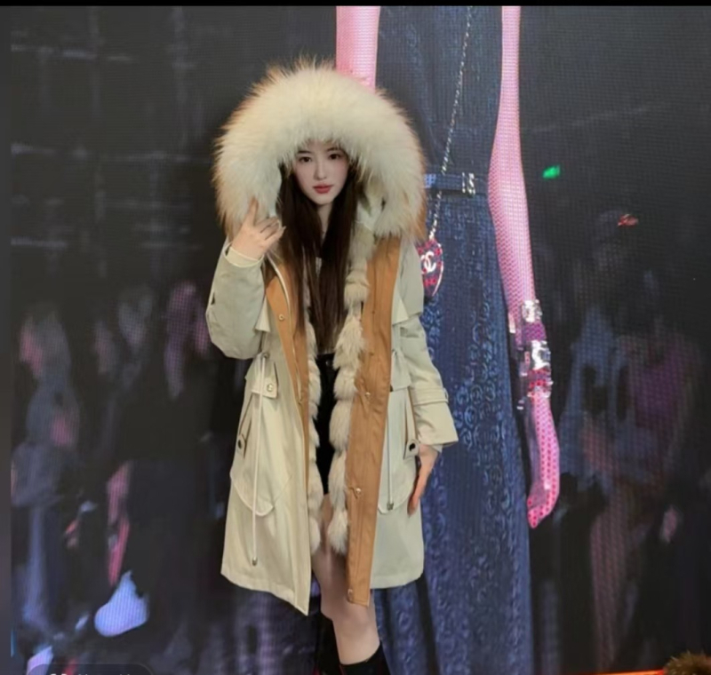 Women's Fur Parka with Detachable Fox Fur Lining and Large Raccoon Fur Collar
